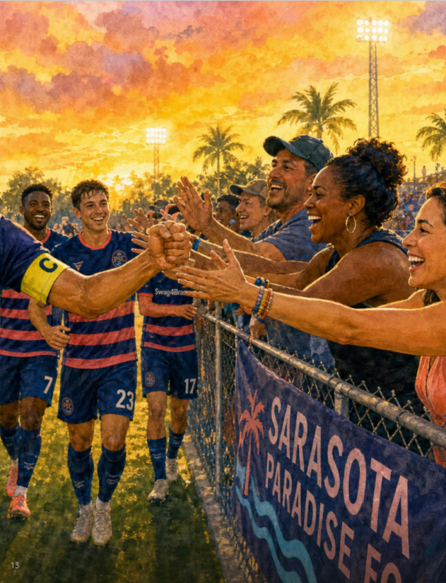 Illustration of Sarasota Paradise fans and players celebrating together at a soccer match