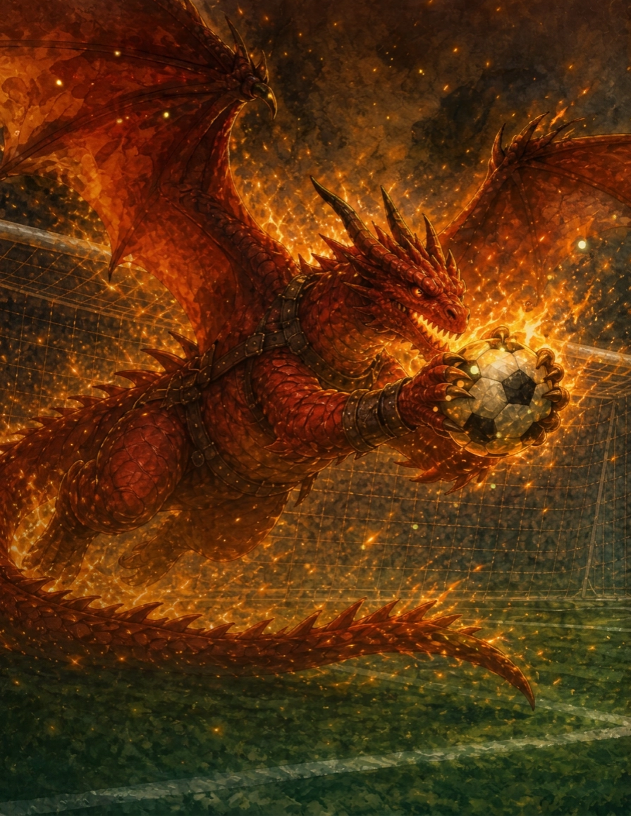 Illustration of the Firekeeper, a mighty dragon guarding the field with a flaming soccer ball