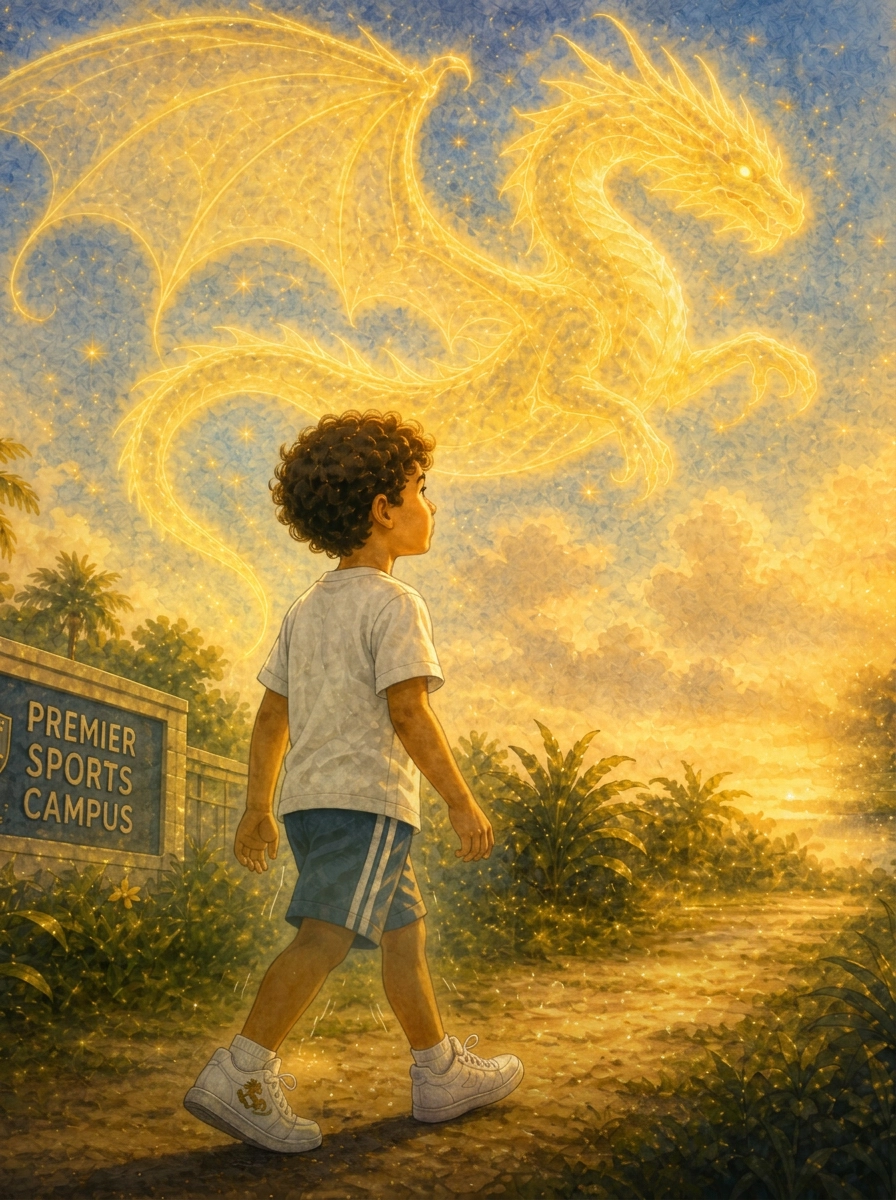 Watercolor illustration of shy Owen taking his first brave step toward a glowing golden dragon