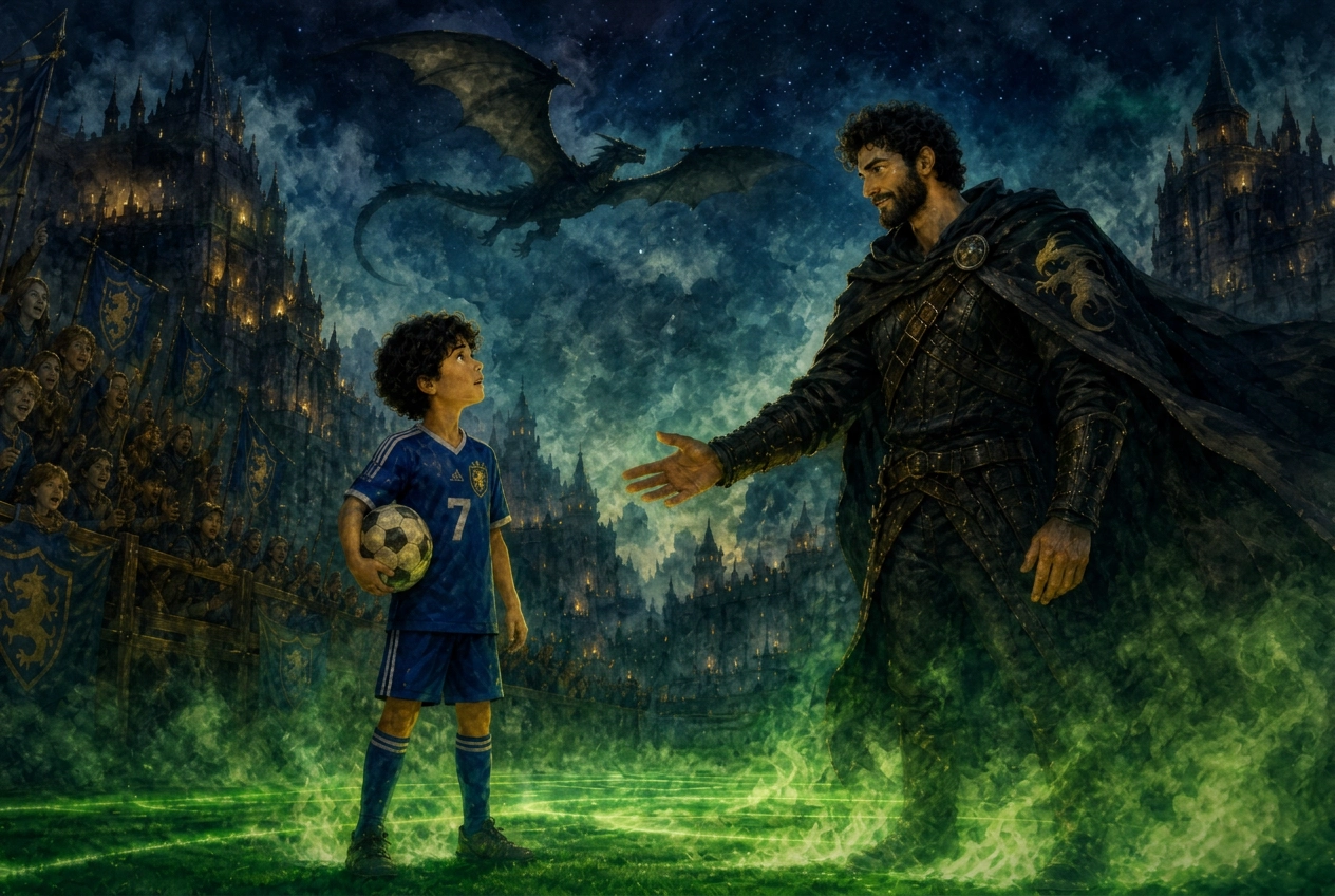 Illustration of Owen meeting soccer captain Ben on a magical dream-realm soccer field